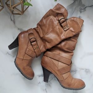 Brown Vegan Leather Slouchy Buckle Boots